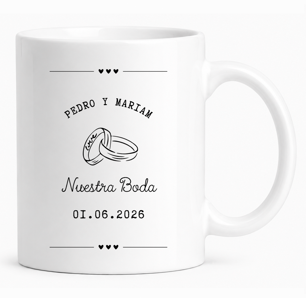 Taza personalizada con caricatura para boda "Vivan los Novios"