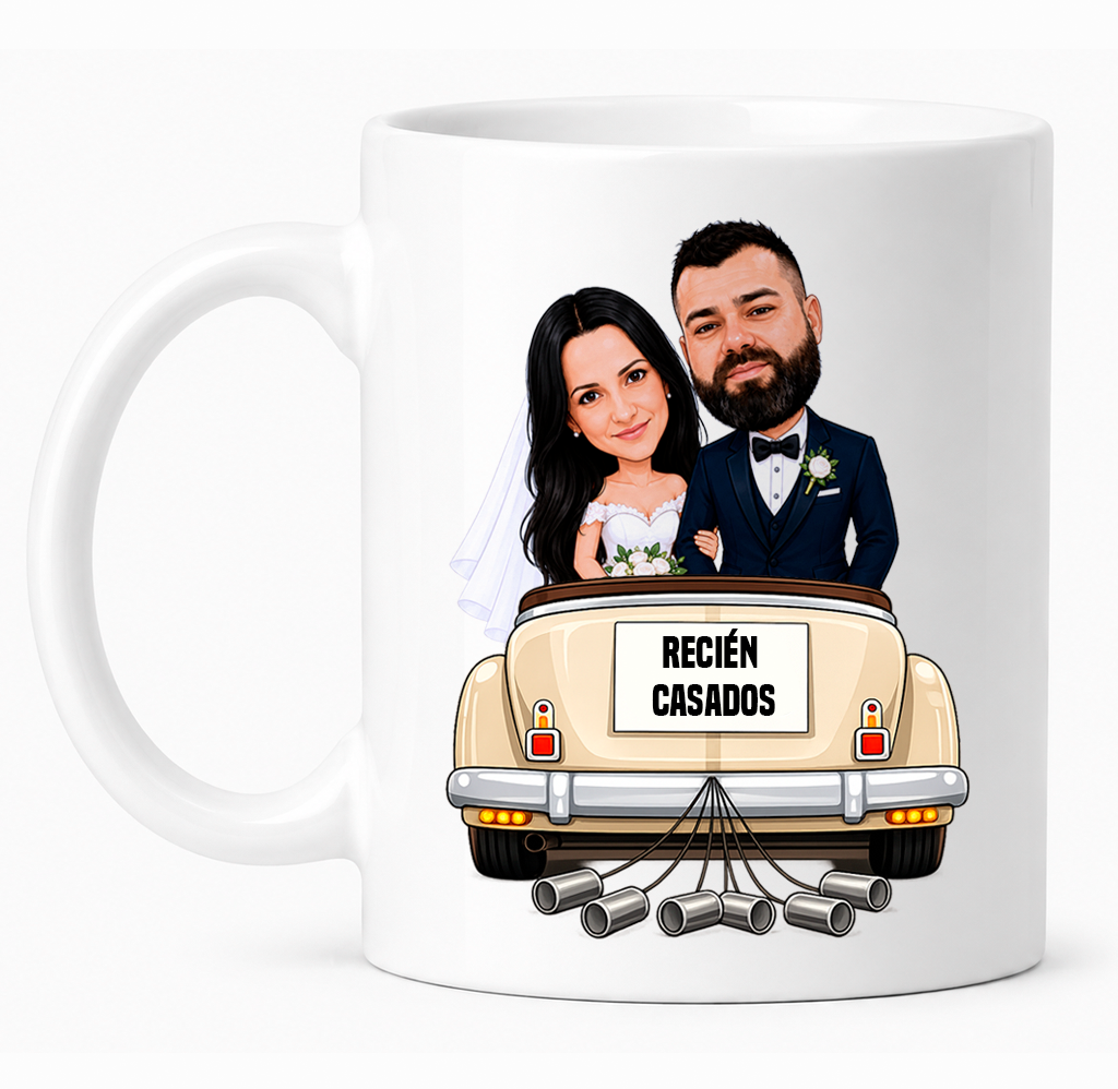 Taza personalizada con caricatura para boda "Recién Casados"
