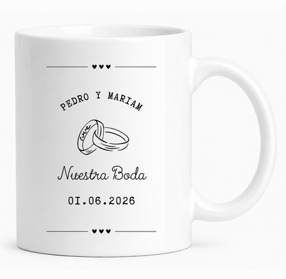 Taza personalizada con caricatura para boda "Vivan los Novios"