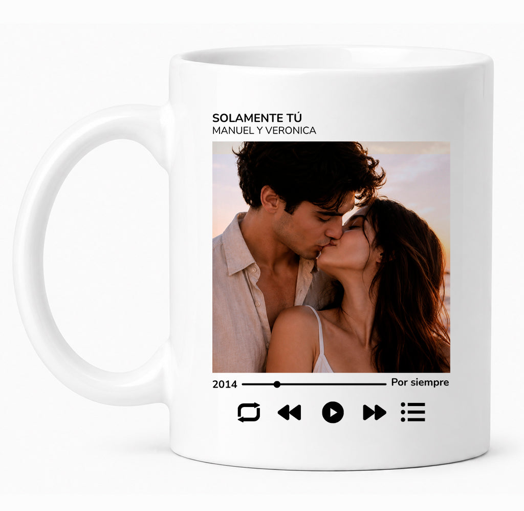 Taza pareja personalizada con foto, nombres y canción "Spotify"