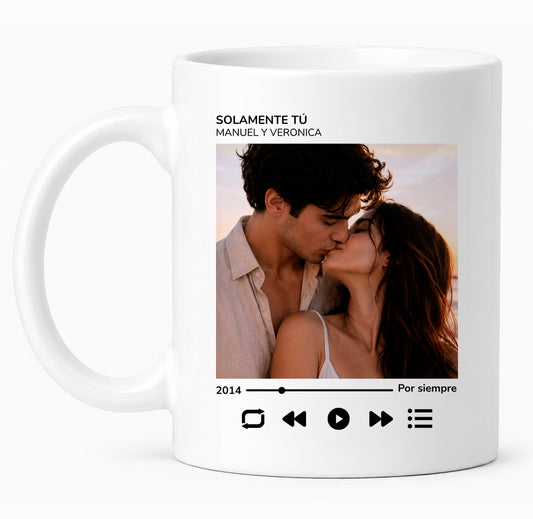 Taza pareja personalizada con foto, nombres y canción "Spotify"