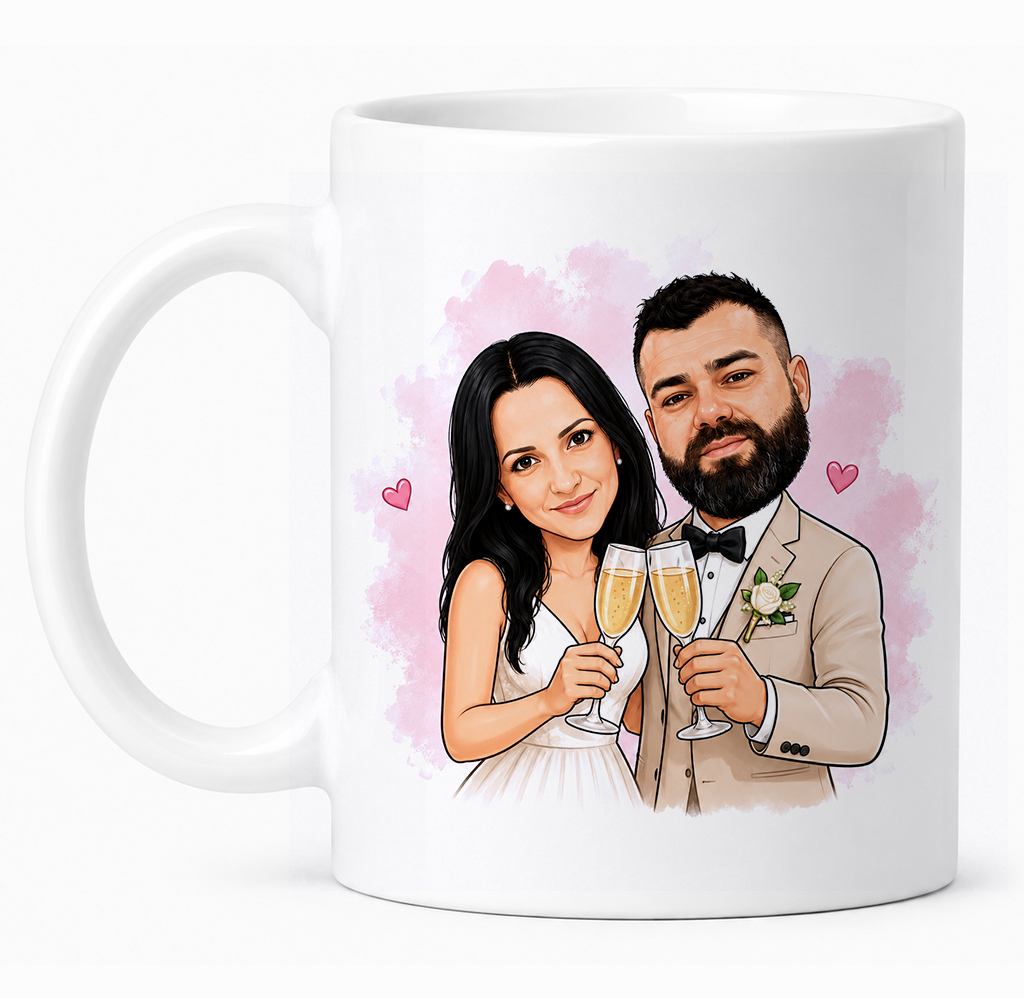 Taza personalizada con caricatura para boda "Vivan los Novios"