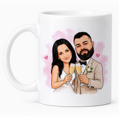 Taza personalizada con caricatura para boda "Vivan los Novios"