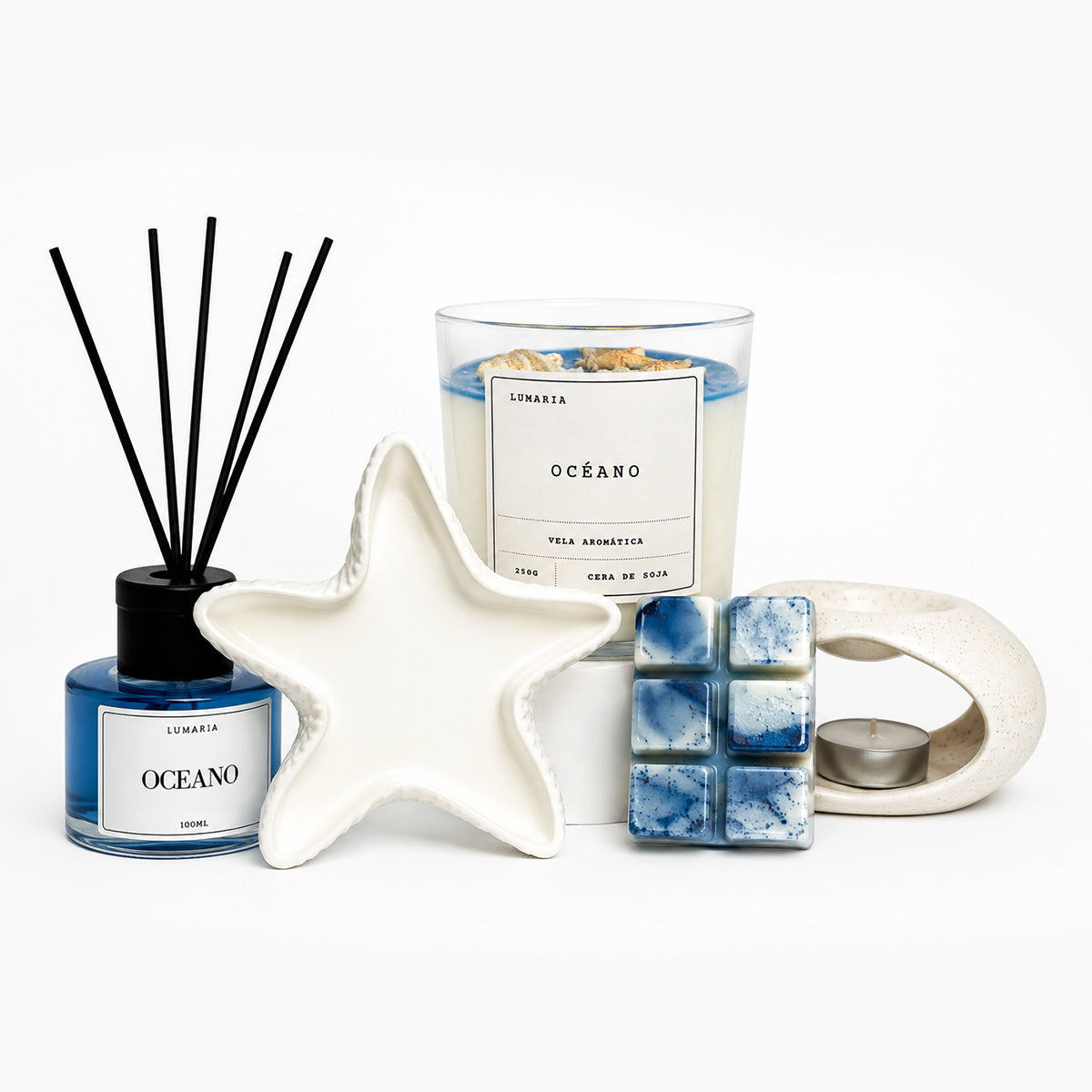 Pack Verano: Vela, Wax Melt, Mikado, Quemador y Joyero Decorativo